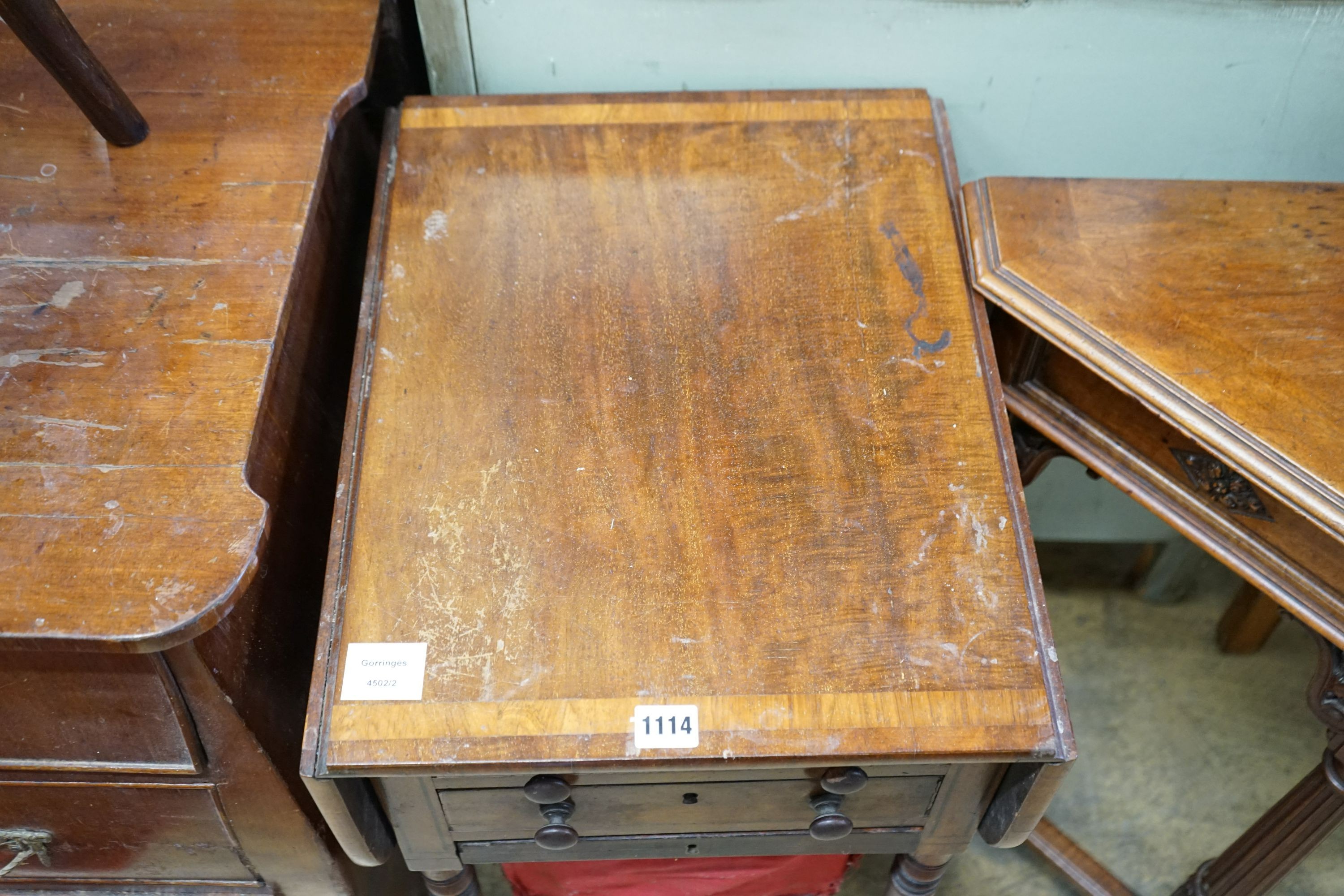 A Regency mahogany drop flap work table, width 39cm, depth 49cm, height 75cm